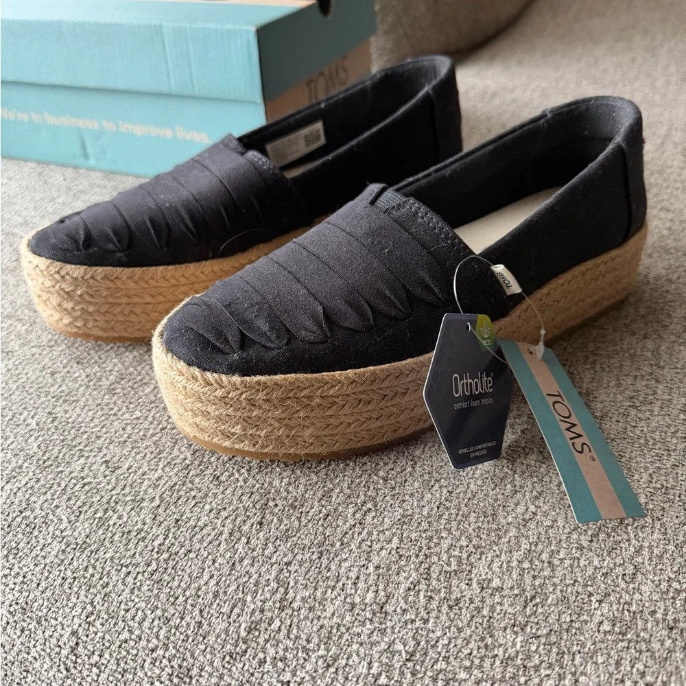 Toms Black Canvas Espadrille Platform Slip-Ons